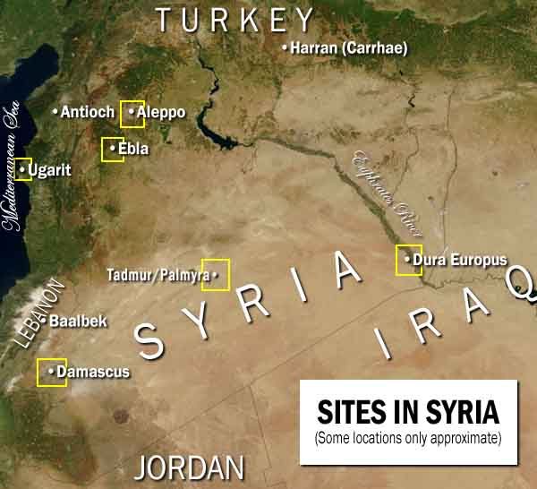 Satellite view of the country of syria, along with bordering countries at its edges.